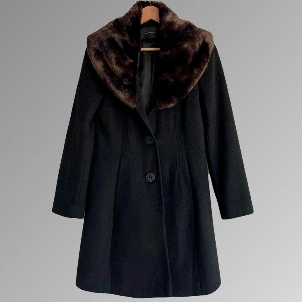 Tahari Black Wool Blend Coat with Brown Faux Fur Collar - Picture 3 of 10